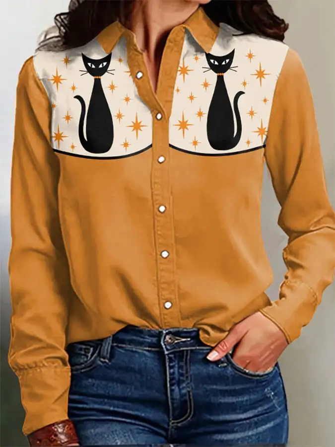 Women's Vintage Western Art Print Casual Linen Blouse