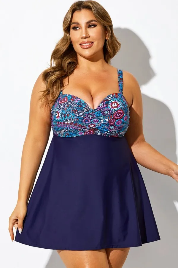 Plus Size Bohemian Multi Print V-Neck Swimdress