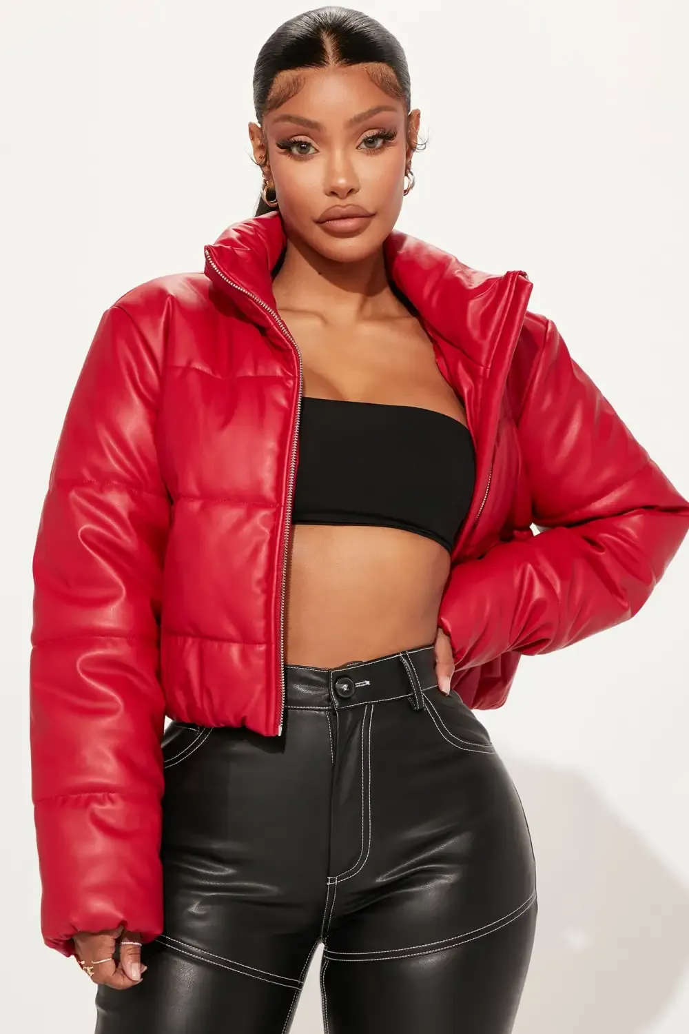 Vixen Faux Leather Puffer Jacket - Red