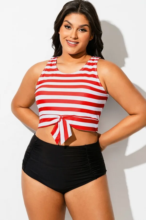 Red & White Striped Knotted Crop Bikini Top