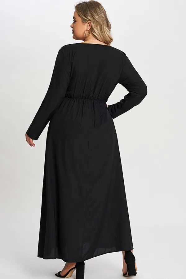 Solid Black Pocket Knotted Wrap Women Dress