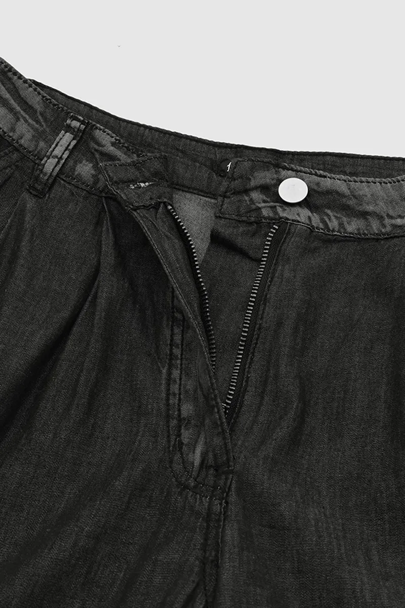 Wash Pleated Detail Wide Leg Mid Rise Jeans