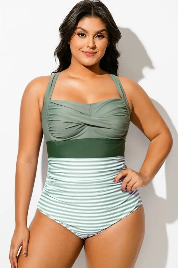 Green Striped Twist Front Skinny One Piece Swimsuit