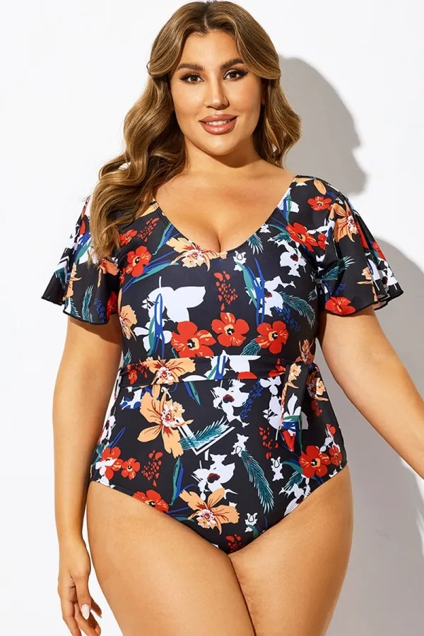 Floral Printed One Piece Swimsuit with Sleeves