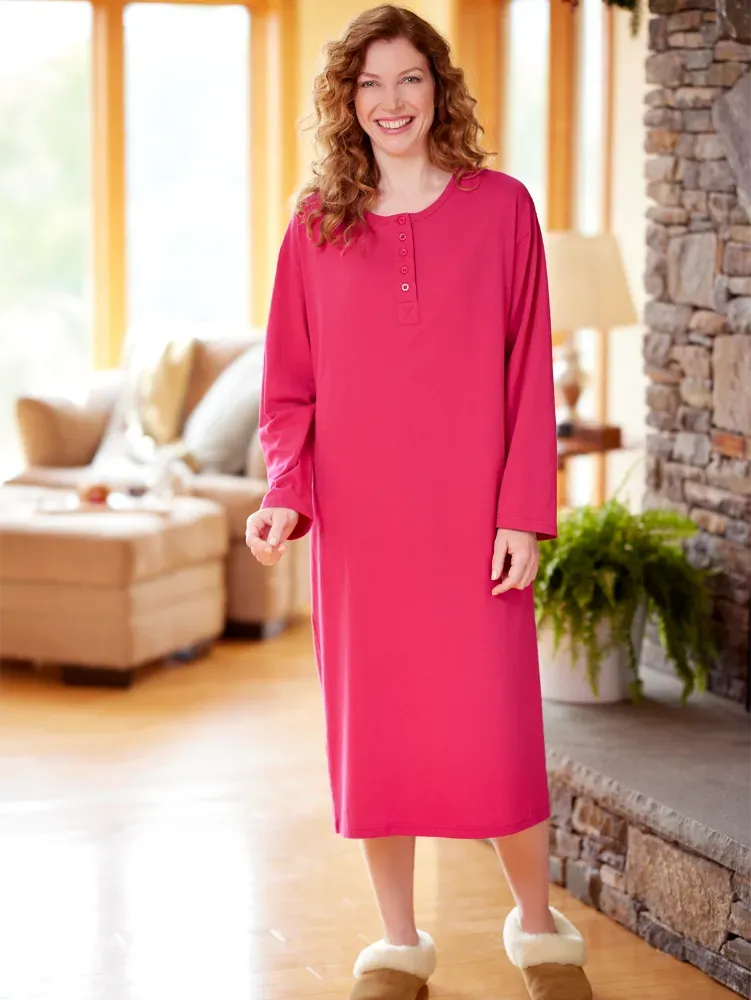 Comfort Knit Solid Color Cotton Long-Sleeve Nightgown