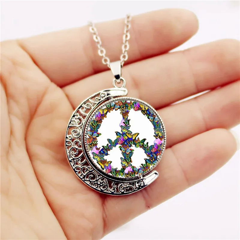 Peace logo time crystal pendant Vintage sweater chain