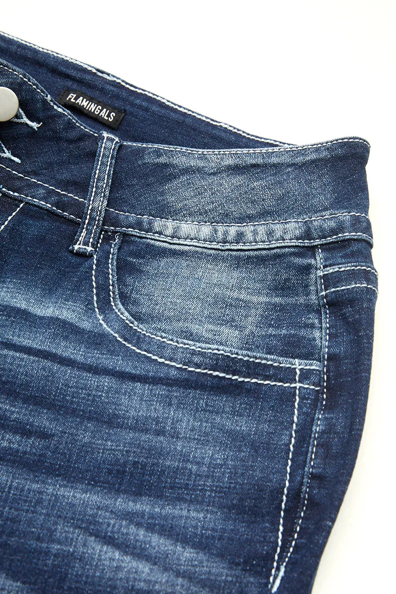 Washed Embroidery Pocket Button Up Mid Rise Skinny Jeans