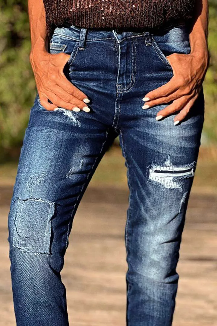 Cut Out Roll Hem High Waist Straight Leg Jeans