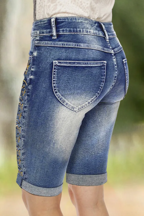 Floral Embroidery Roll Hem Mid Waist Denim Bermuda Shorts