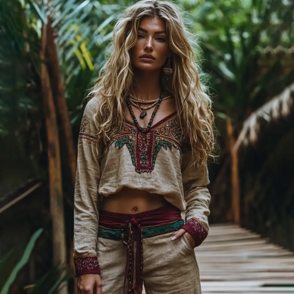 Vintage Tribal Ethnic Style Embroidered Linen V-neck Shirt