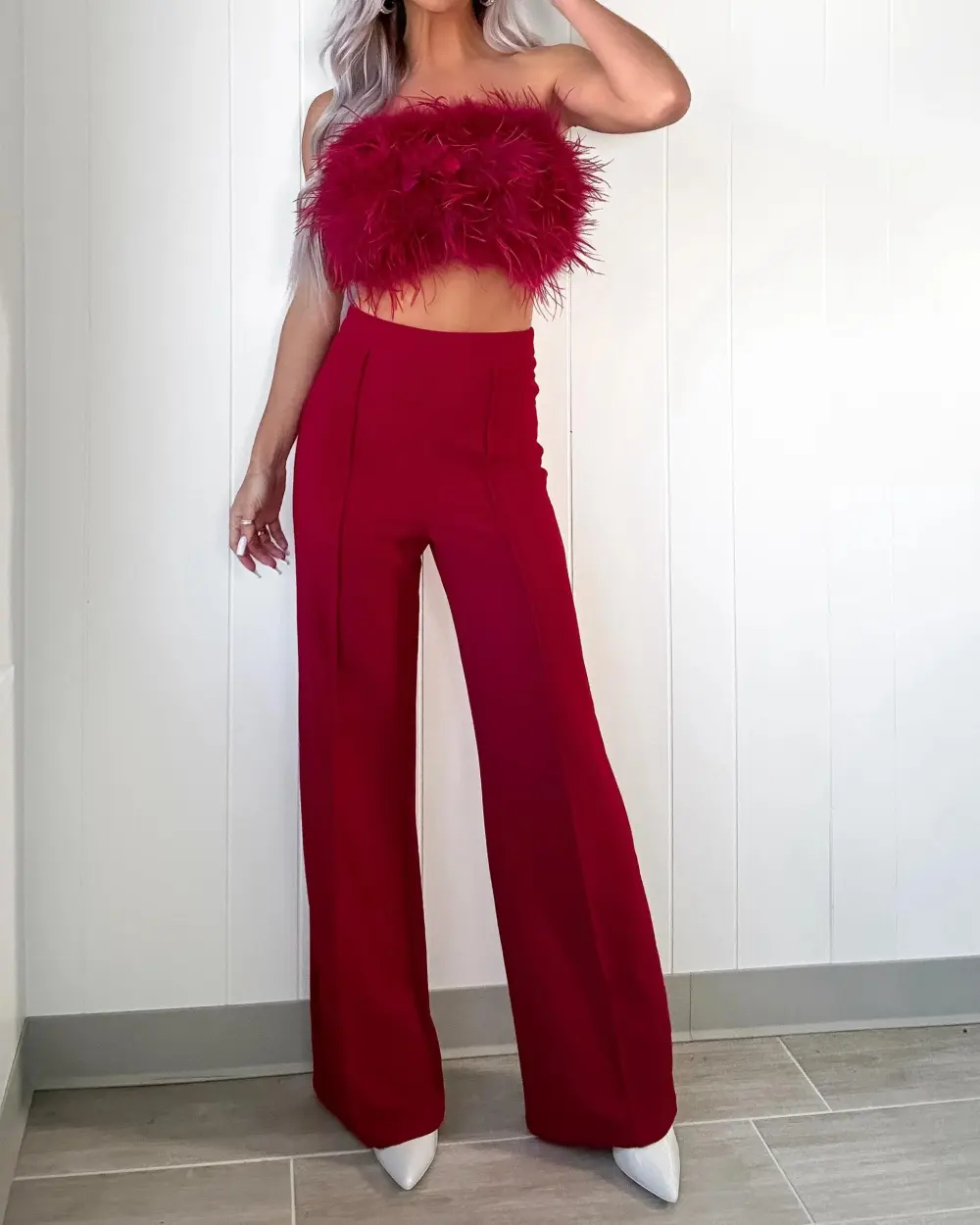Fur Pants Set - Burgundy