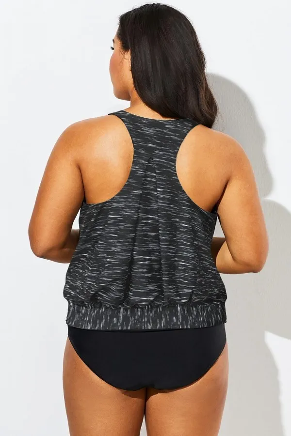 Black Striped Racerback Tummy Control Blouson Tankini Top