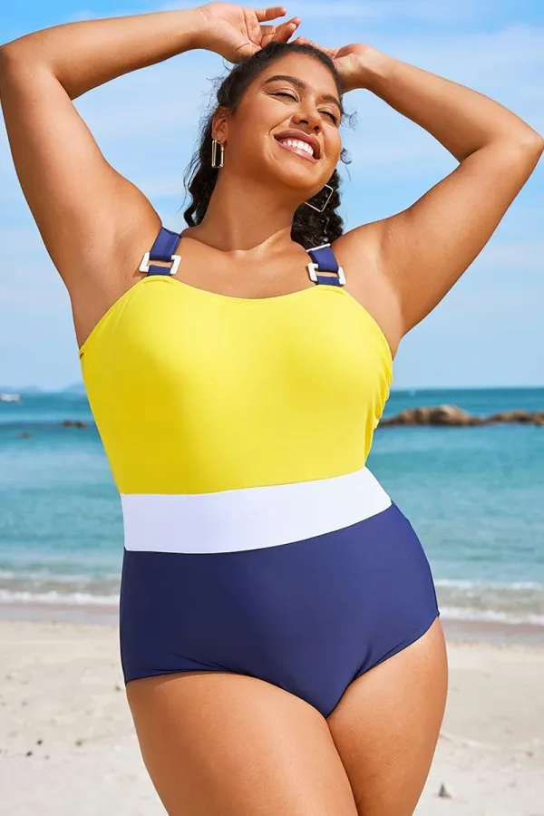 Plus Size Colorblock Tummy Control One Piece Swimsuit