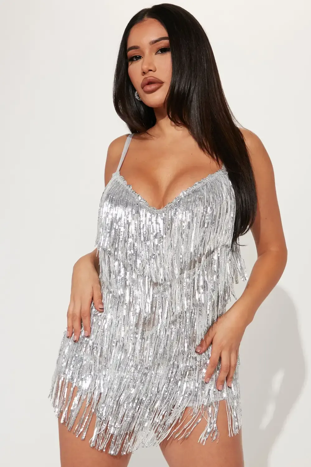 Selena Sequin Fringe Mini Dress - Silver