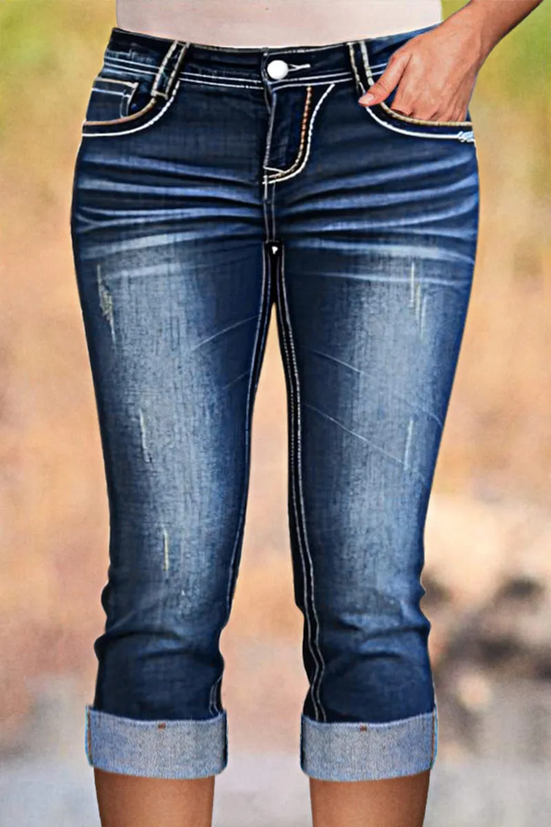 Ripped Stitch Pocket Wash Stretchy Low Waist Capri Jeans