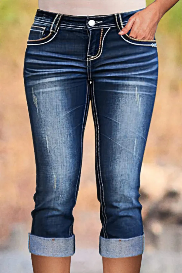 Ripped Stitch Pocket Wash Stretchy Low Waist Capri Jeans