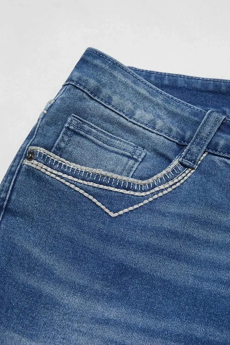 Wash Metal Decor Stitch Detail Mid Rise Bootcut Jeans Without Belt
