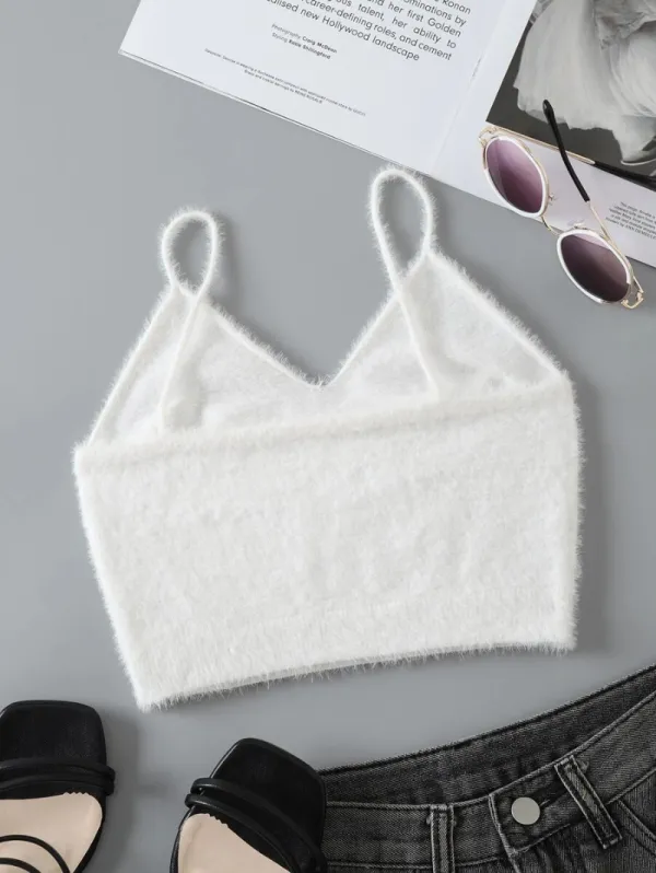 Solid Crop Fluffy Knit Top
