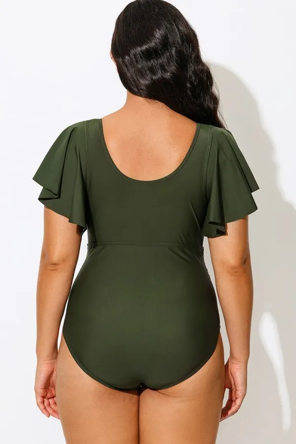 Green V-Neck Ruffle Sleeve One Piece Swimsuit