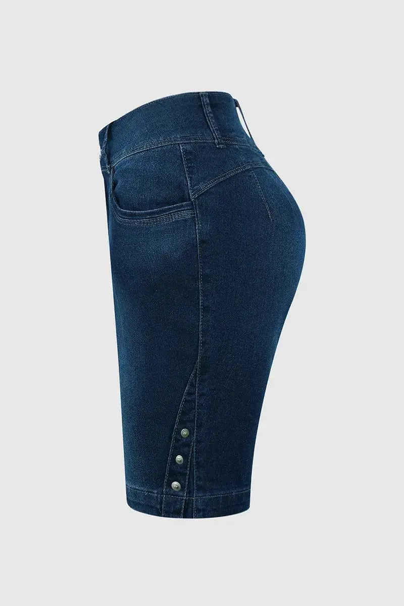Wash Button Detail High Waist Bermuda Denim Shorts