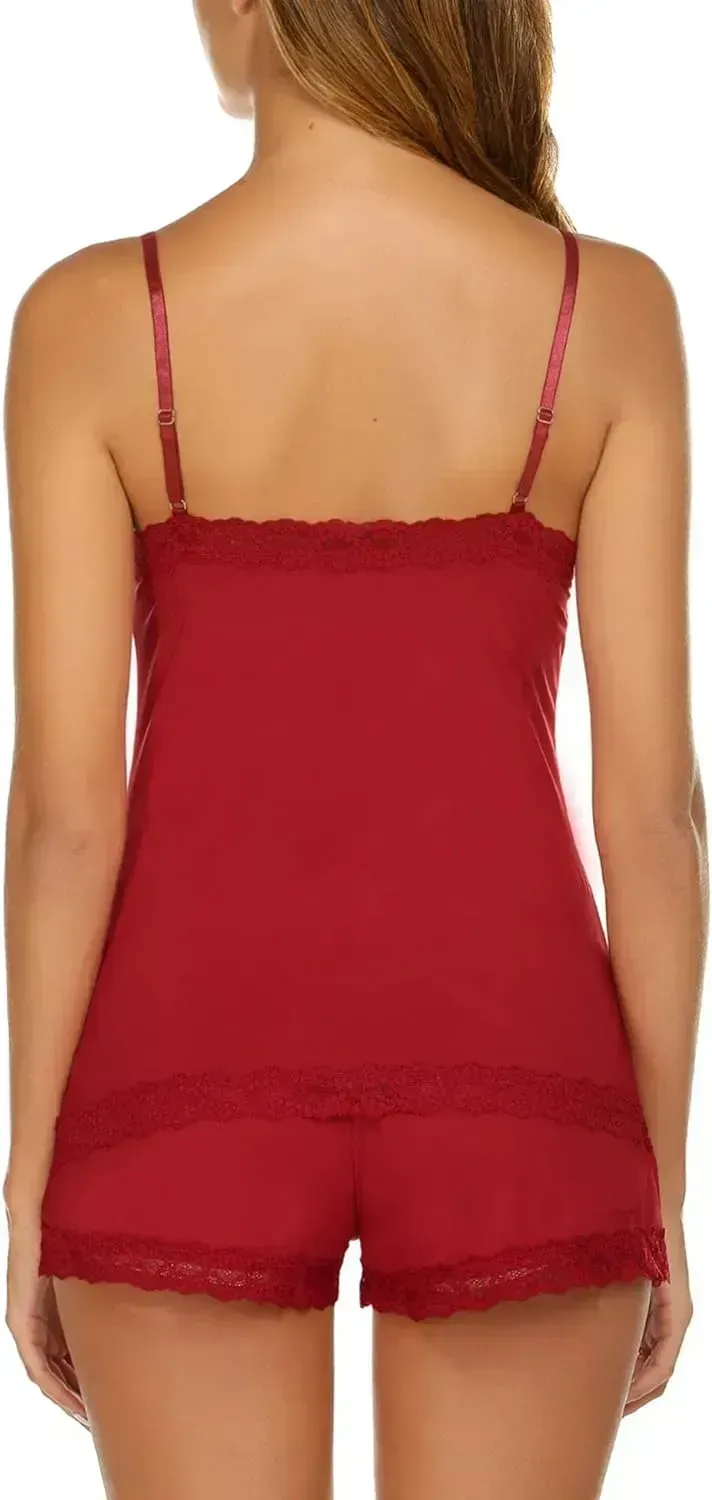Women Cami Pajama Set Modal Sleepwear Lace Trim Short PJ Set with Shorts