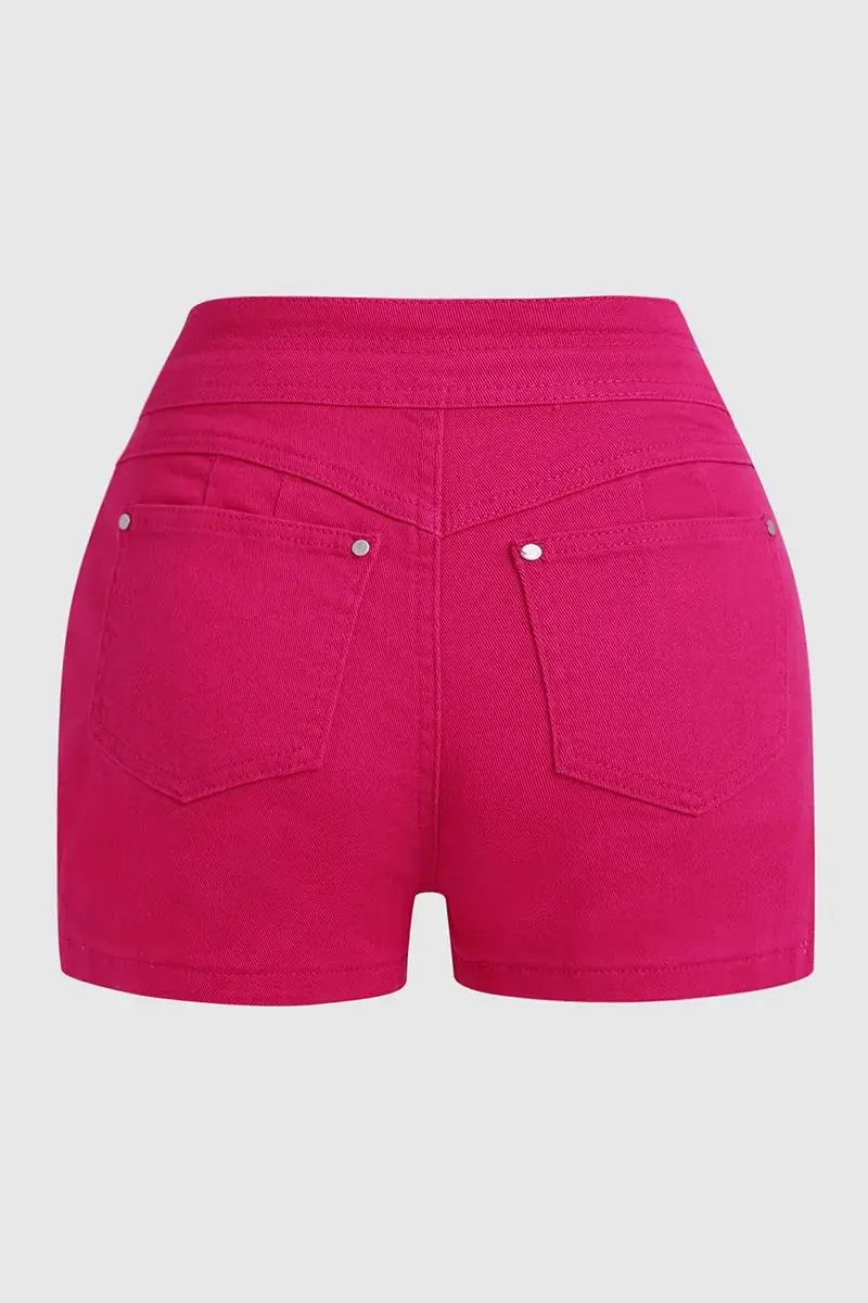 Solid Drawstring Mid Waist Stretchy Denim Shorts