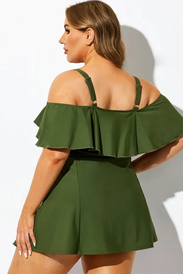 Solid Green Square Neck Off-the-Shoulder Swimdress