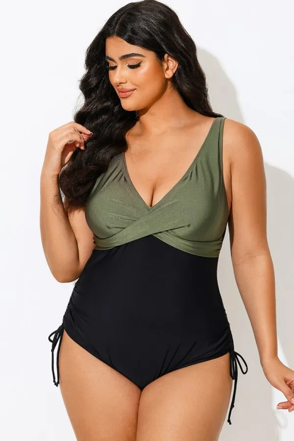 V-Neck Green Colorblock One Piece Swimsuit