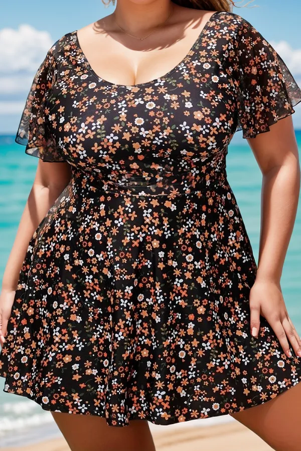 Floral Print Short Sleeve Round Neck Women Swimdress