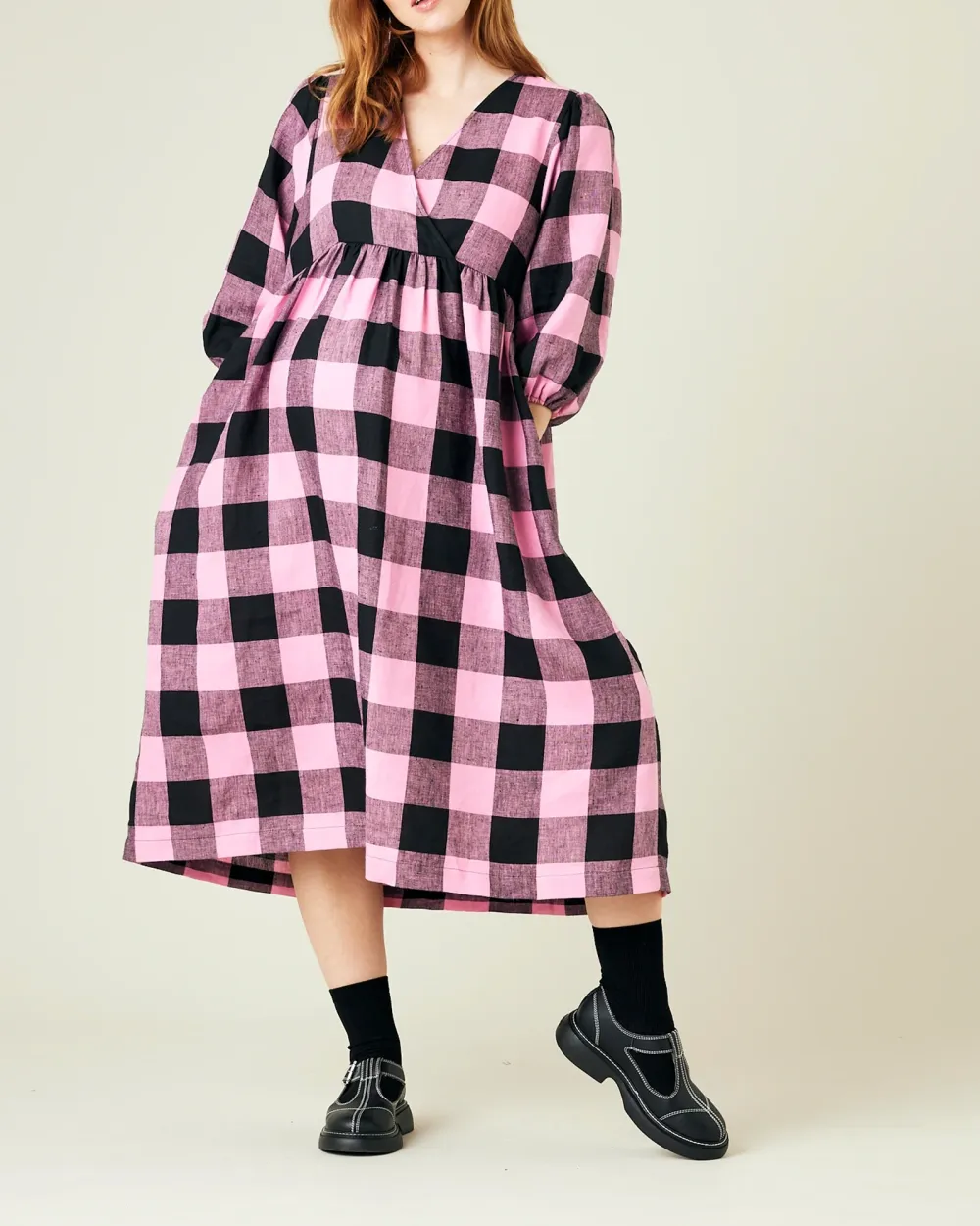 PINK & BLACK MEGA CHECK LINEN DRESS