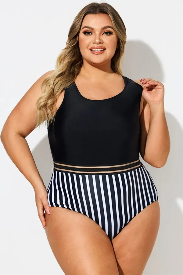 Black & White Round Neck Striped Mesh One Piece Swimsuit