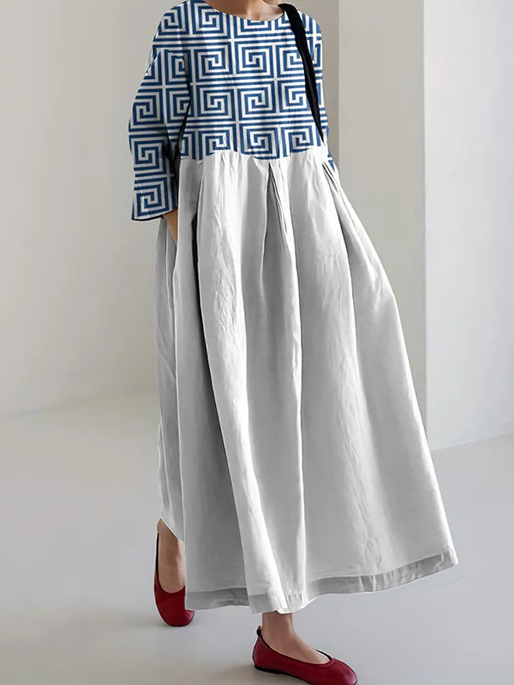 Greek Key Color Block Print Crew Neck Loose Midi Dress