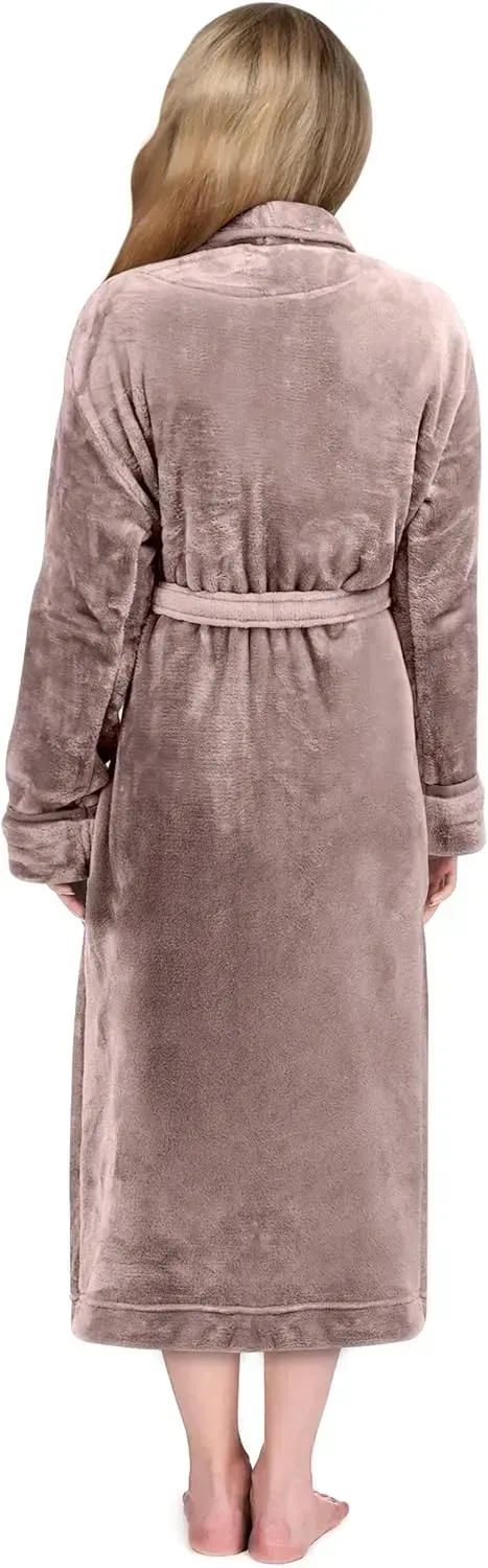 Women Fleece Shawl Collar Bathrobe - Plush Long Robe