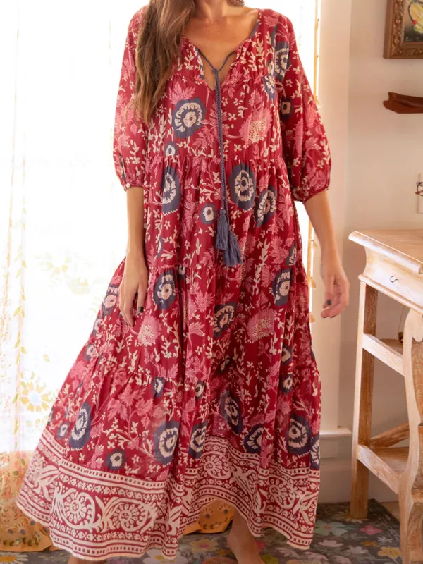 Women's Casual Floral Print Cotton And Linen Dress