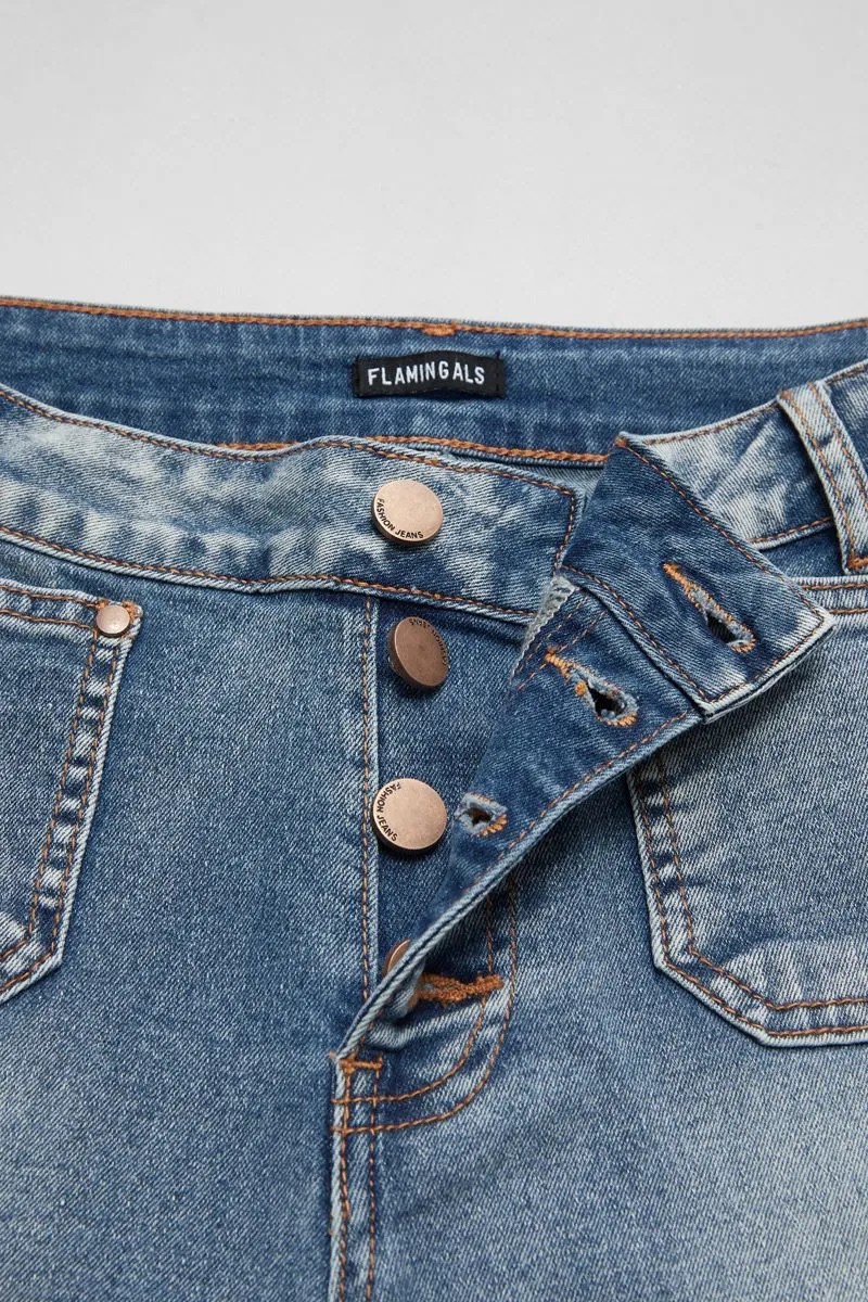 Floral Embroidered Button Fly Mid Rise Capri Jeans