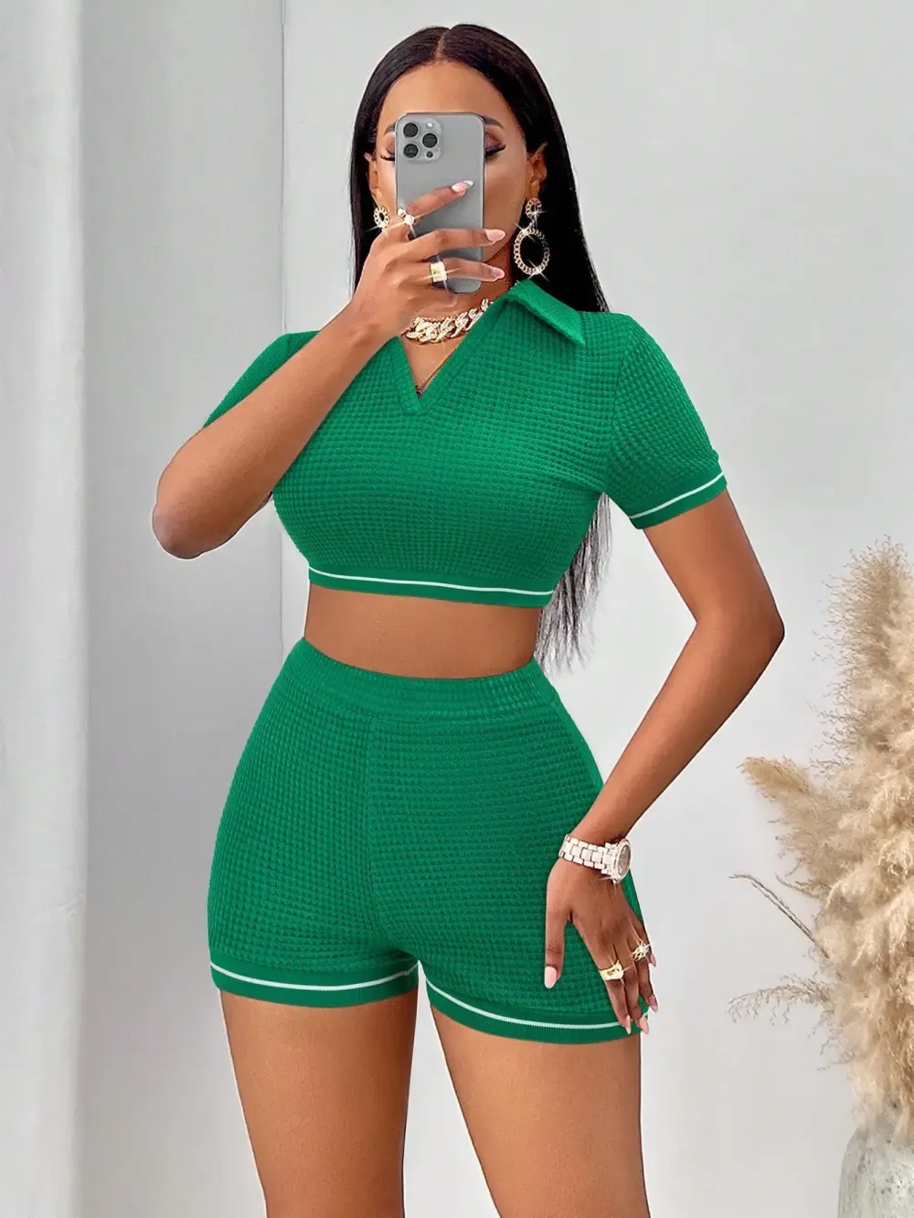 Waffle Knit Crop Tee & Biker Shorts