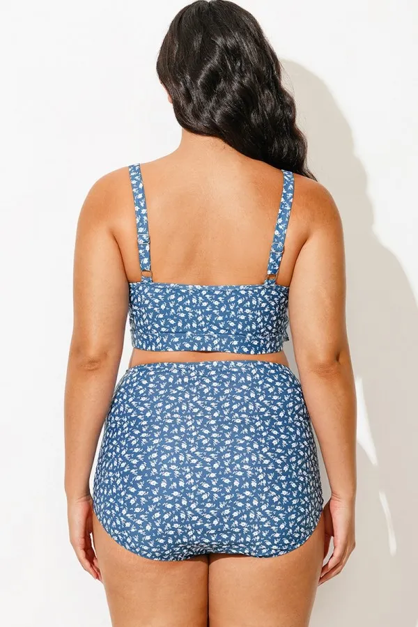 Plus Size Floral Print With Frill Details Elegant Bikini Top