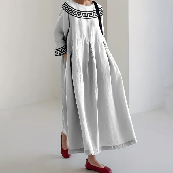 Greek Key Print Crew Neck Loose Midi Dress