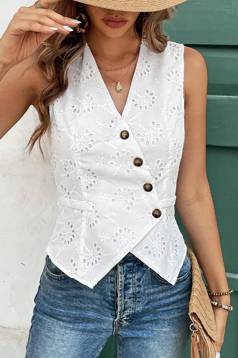 Solid Eyelet Embroidery Button Front V Neck Asymmetrical Vest