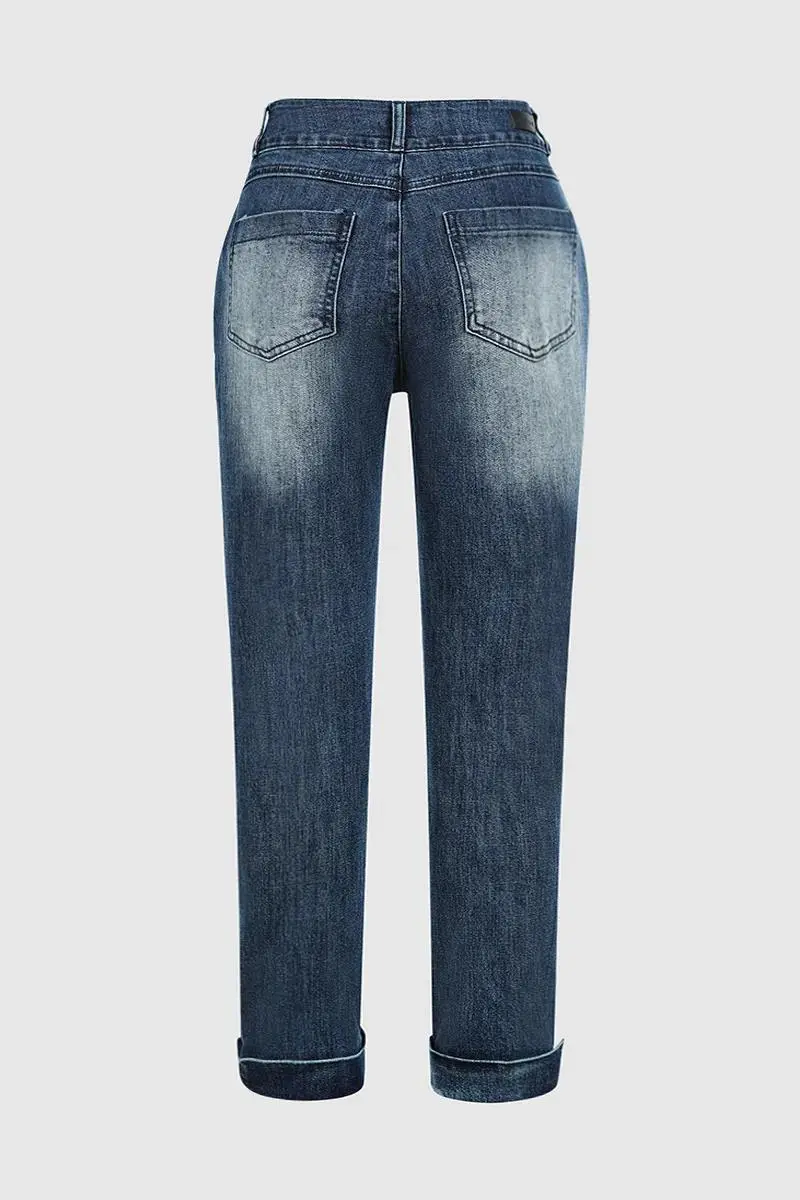 Double Button Roll Hem Mid Waist Crop Jeans