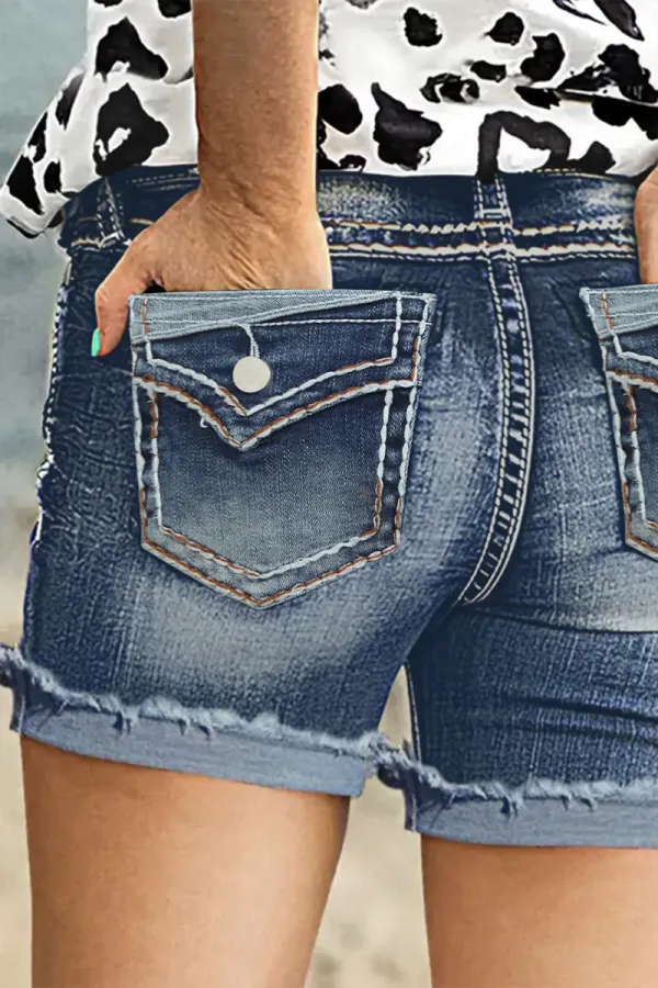 Roll Hem Button Up High Rise Denim Shorts