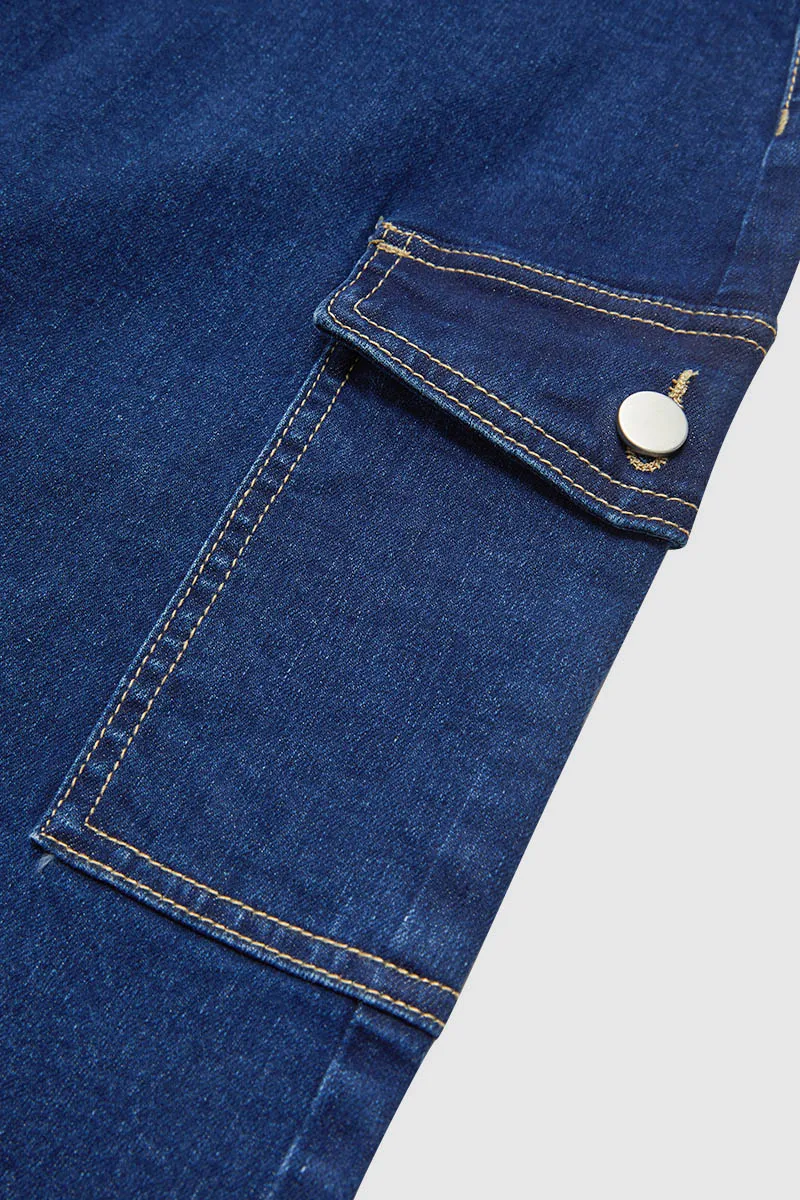Button Fly Split Mid Waist Midi Denim Skirt