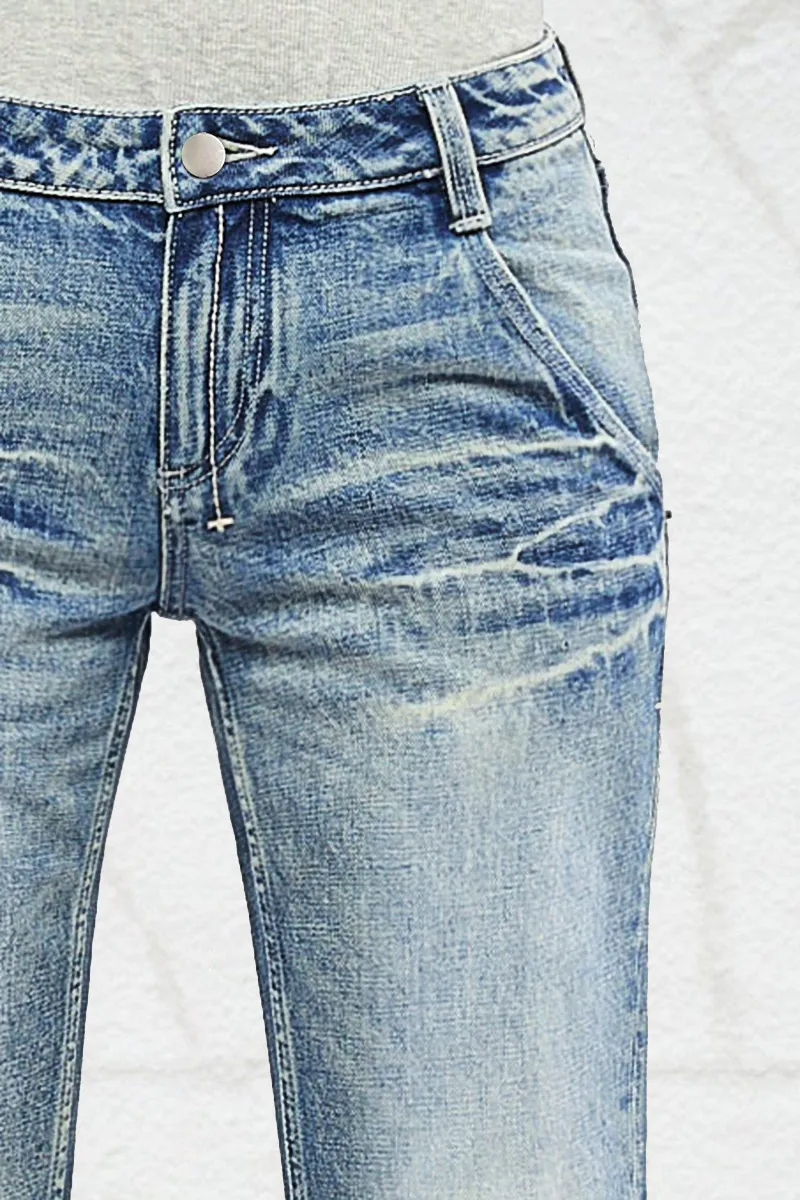 Wash Stretchy Mid Waist Straight Leg Jeans Without Belt