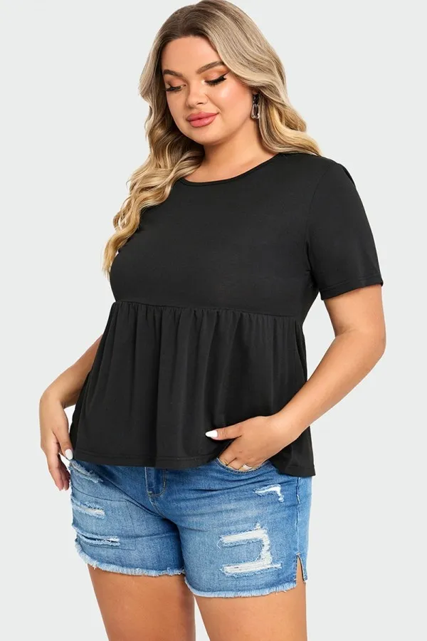 Black Peplum Short Sleeve Round Neck Top