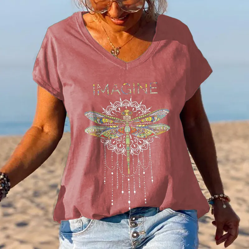Imagine Dragonfly Printed V-neck T-shirt