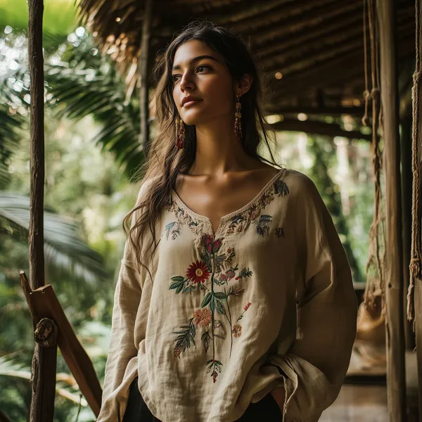 Vintage Tribal Ethnic Embroidered Linen Casual Shirt