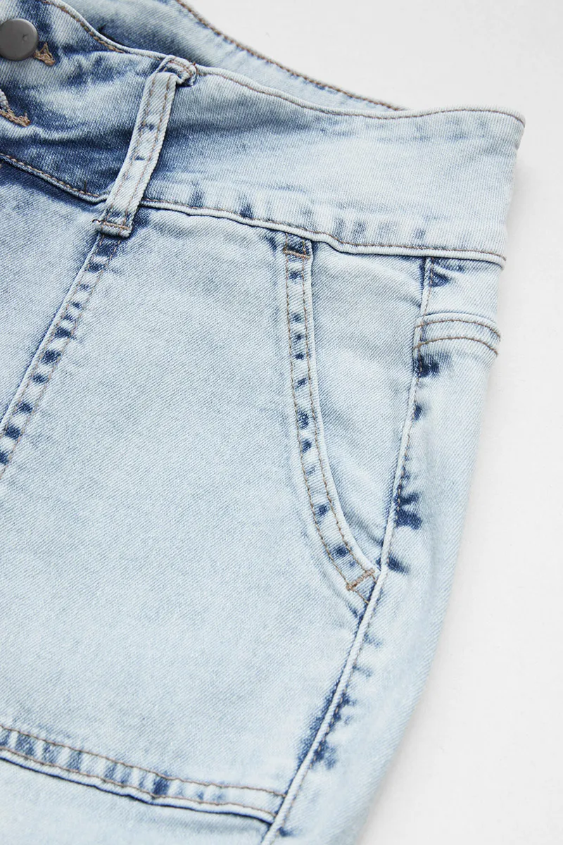 Multi Pocket Double Button Mid Rise Flare Cargo Jeans