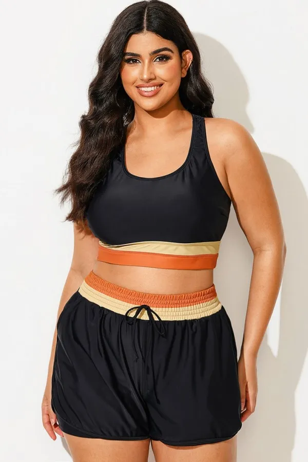 Plus Size Round Neck Orange Patchwork Bikini Top