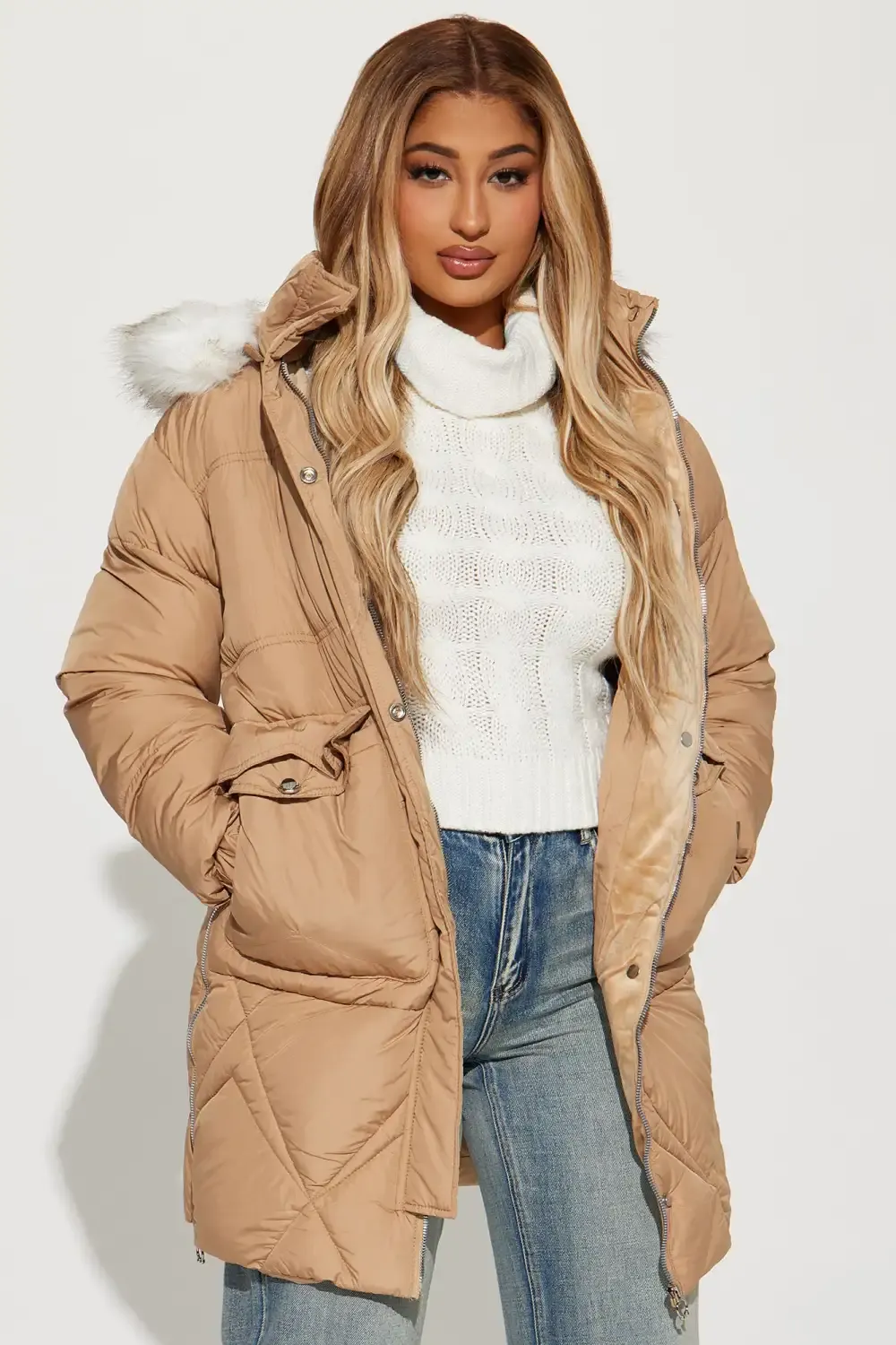 Elsa Long Puffer Jacket - Sand