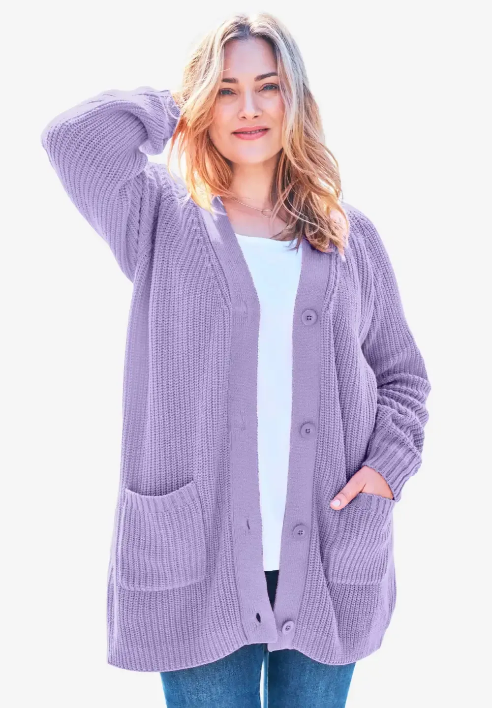 Button-Front Shaker Cardigan